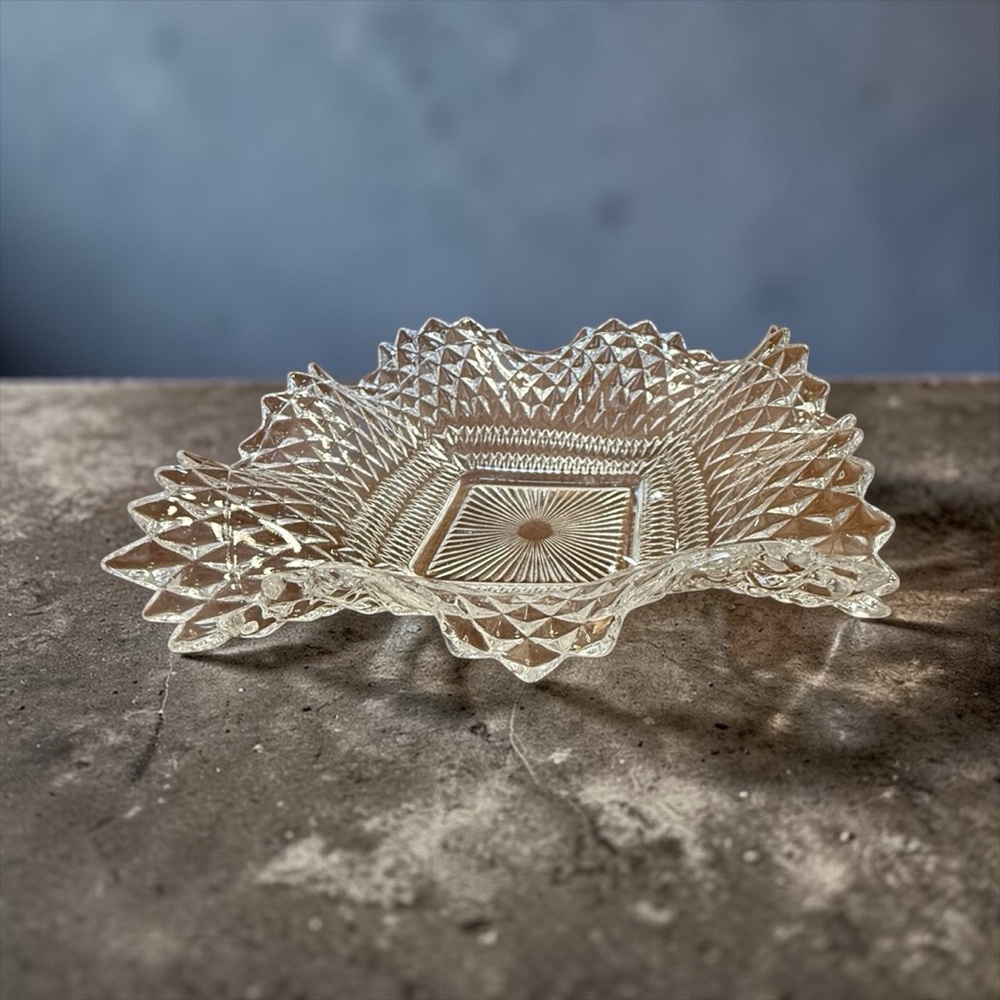 Vintage Indiana Glass Diamond Point Clear Ruffled Square Candy Dish Mid Century